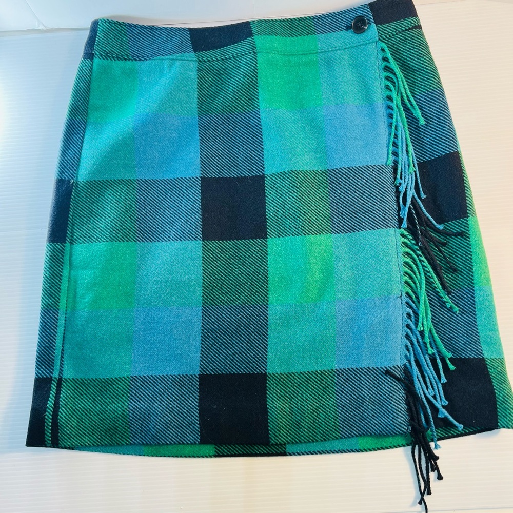 Talbots Wool Blend Green and Blue Faux Wrap Skirt Size 8